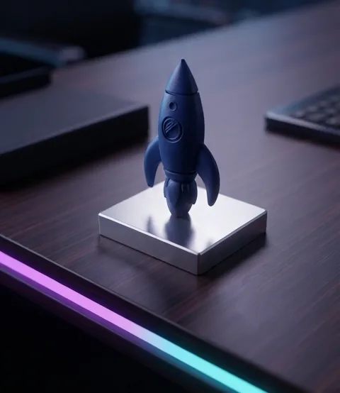 Figura del isotipo AETHERIA sobre escritorio con luz ne\u00f3n